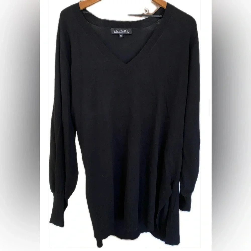 Eloquii Women’s V-Neck‎ Tie Waist Black Tunic Sweater Side Slit Size: 22/24 NWT